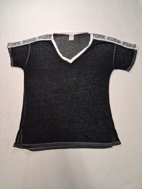 PINK Victoria's Secret Black Short Sleeve V-Neck Tee with White Trim